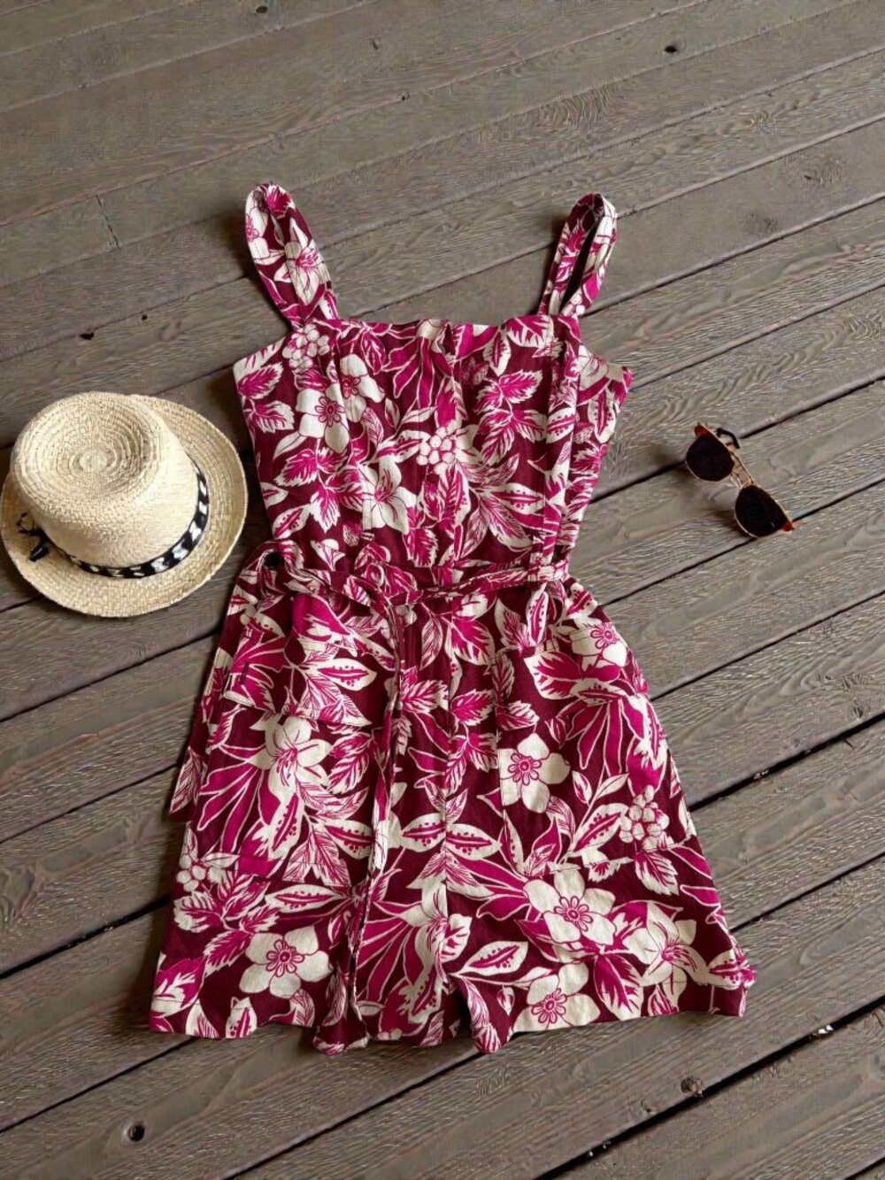BELLE VERE Red Pink Belted Linen Blend Romper Size 4 NEW NWT